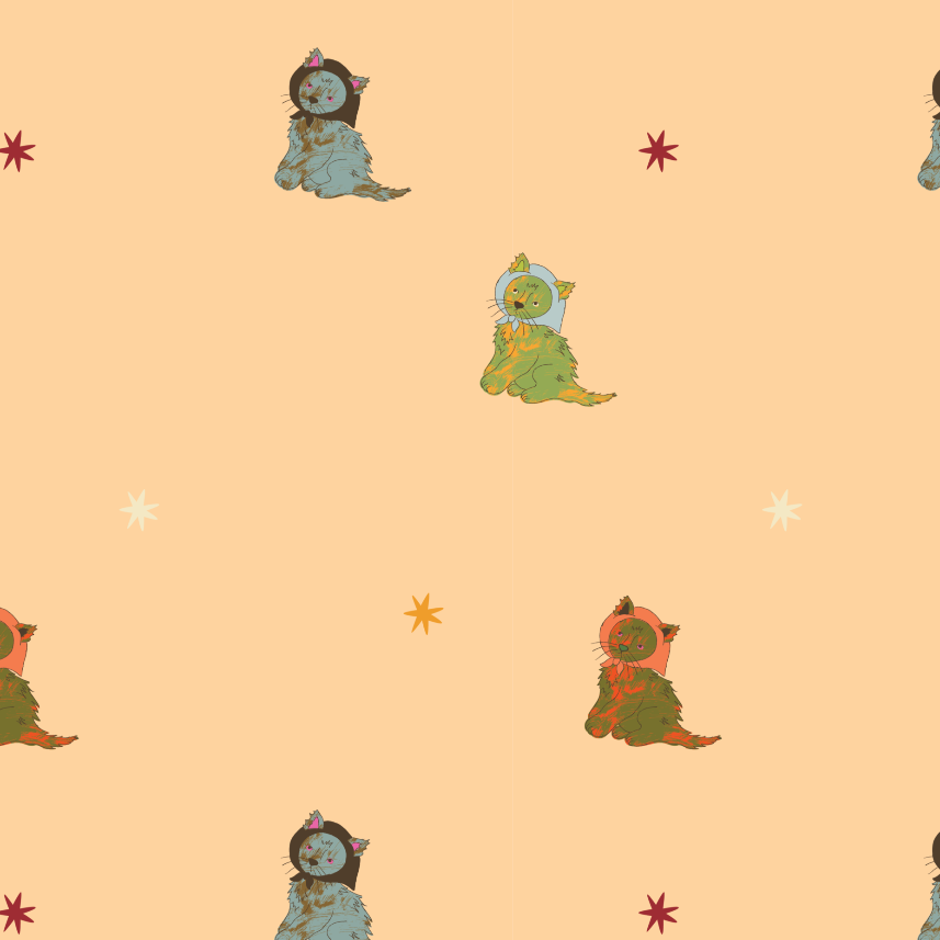 Pattern of cartoon characters on a peach background